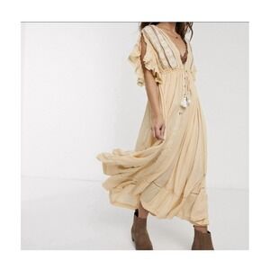 Free People Midi Dress S Will Wait For You Boho Flowy Oversized Embroidered
